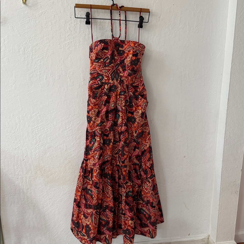 House of Harlow 1960 Revolve Paisley Cotton Halter Maxi Midi Dress Pockets XS - Picture 3 of 6